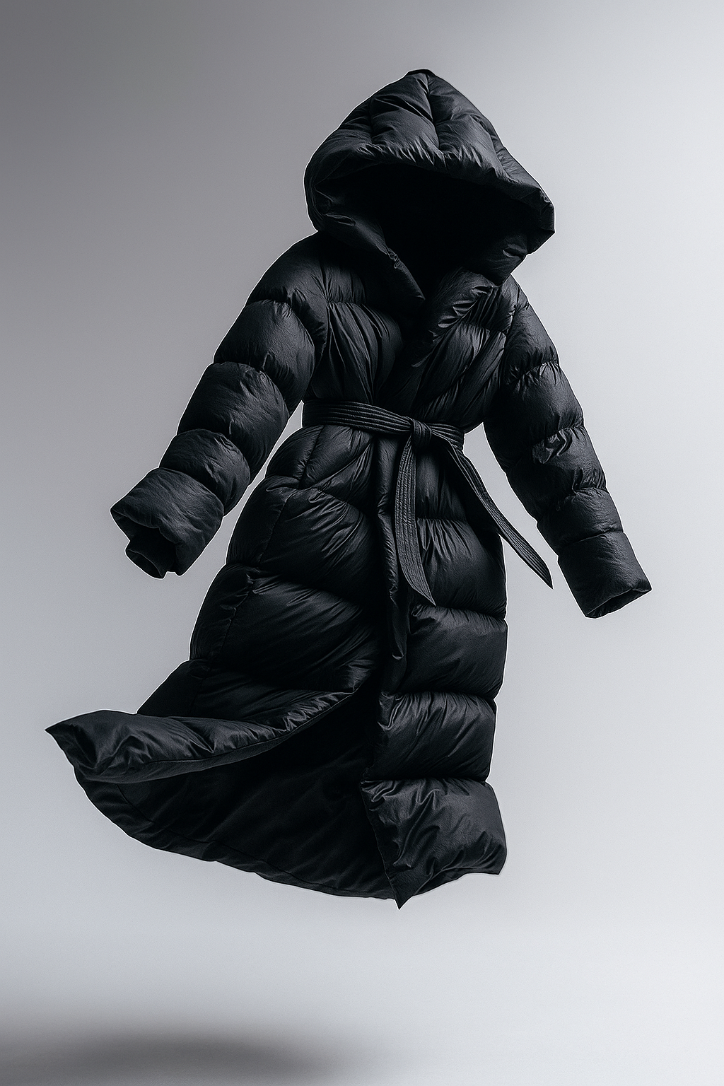 Black long belted puffer jacket for women by Christine Brewer, featuring a floating design and stylish, insulated exterior.