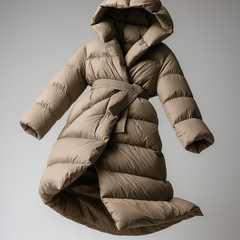 Christine Brewer Ella long belted puffer jacket for women, showcasing a stylish, insulated winter coat with a belt and quilted design.