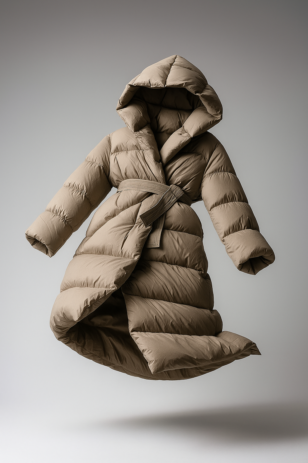 Christine Brewer Ella long belted puffer jacket for women, showcasing a stylish, insulated winter coat with a belt and quilted design.