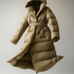 Long belted puffer jacket for women by Christine Brewer, featuring a stylish, quilted design and a comfortable, warm fit.