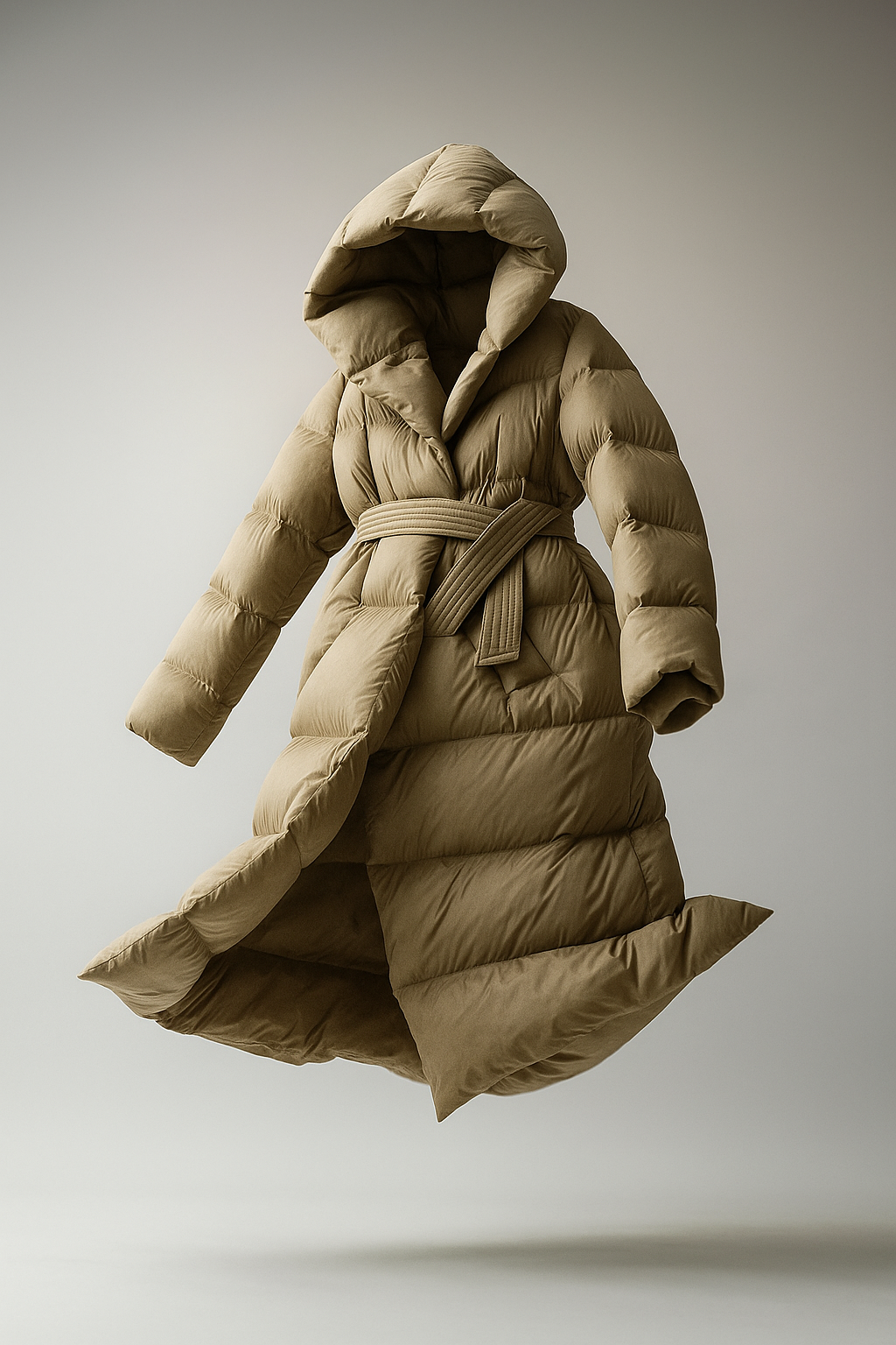 Long belted puffer jacket for women by Christine Brewer, featuring a stylish, quilted design and a comfortable, warm fit.