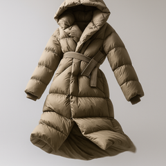 Pink long belted puffer jacket for women by Christine Brewer, Ella collection, with a stylish, cozy design and belt detail.
