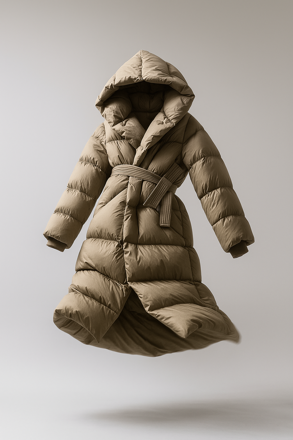 Pink long belted puffer jacket for women by Christine Brewer, Ella collection, with a stylish, cozy design and belt detail.