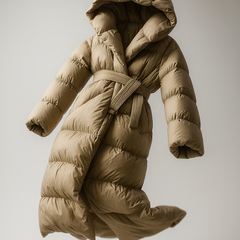 Long belted puffer jacket for women by Christine Brewer, featuring a stylish design and cozy padding in a graceful floating pose.