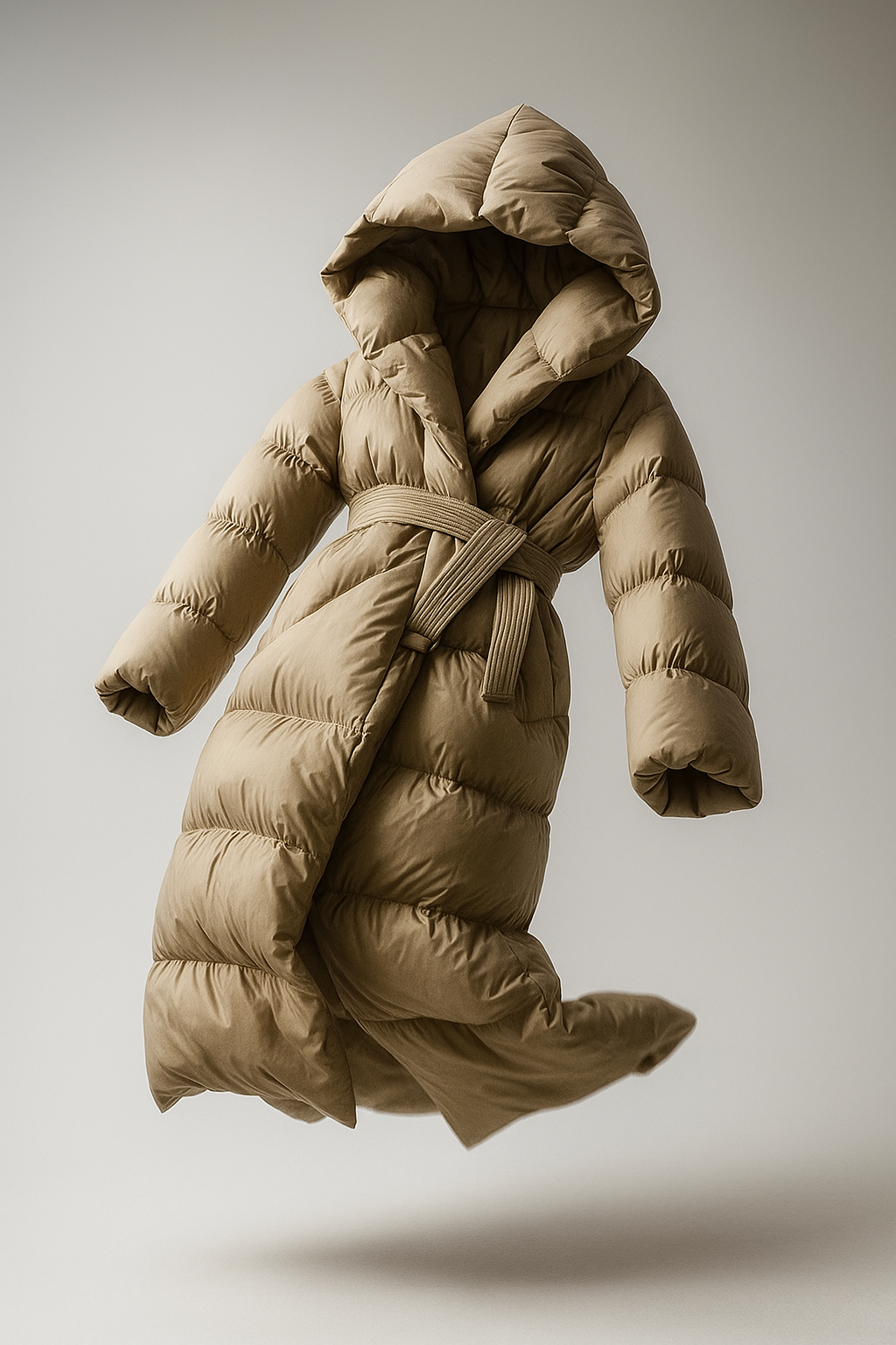 Long belted puffer jacket for women by Christine Brewer, featuring a stylish design and cozy padding in a graceful floating pose.