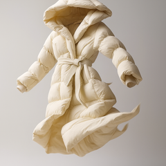 Ella long belted puffer jacket for women by Christine Brewer, shown in a stylish winter puffer with belt and quilted design.