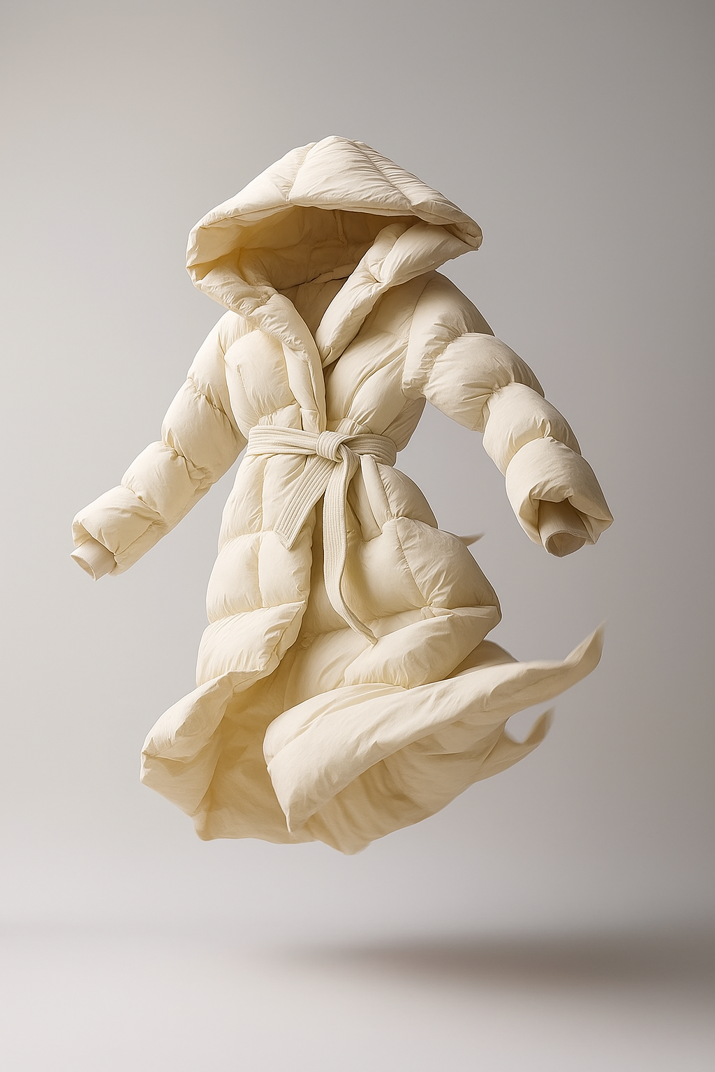 Ella long belted puffer jacket for women by Christine Brewer, shown in a stylish winter puffer with belt and quilted design.