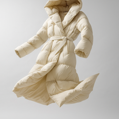 Long belted puffer jacket for women by Christine Brewer, featuring a stylish design and winter insulation in a floating fabric.