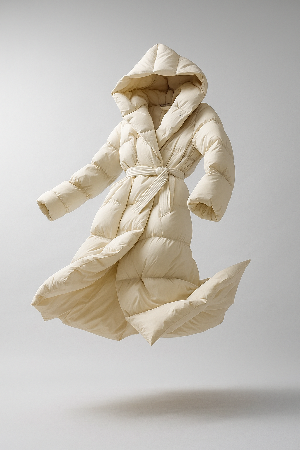 Long belted puffer jacket for women by Christine Brewer, featuring a stylish design and winter insulation in a floating fabric.