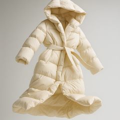 Long belted puffer jacket for women by Christine Brewer, featuring a quilted design and cozy winter insulation.