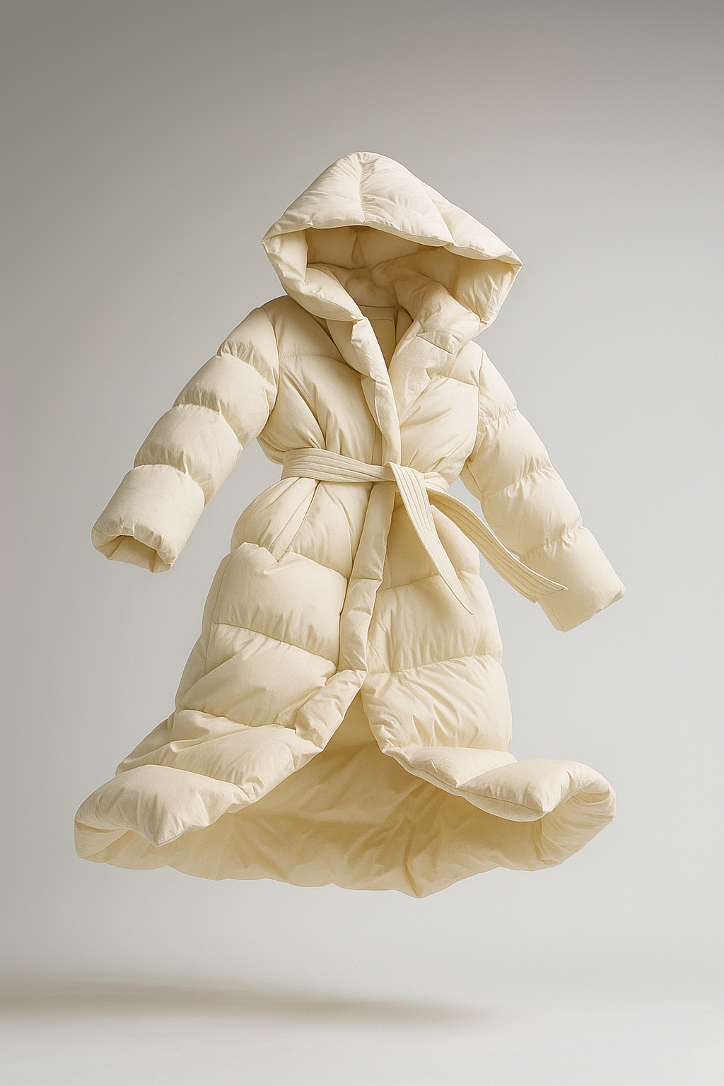 Long belted puffer jacket for women by Christine Brewer, featuring a quilted design and cozy winter insulation.
