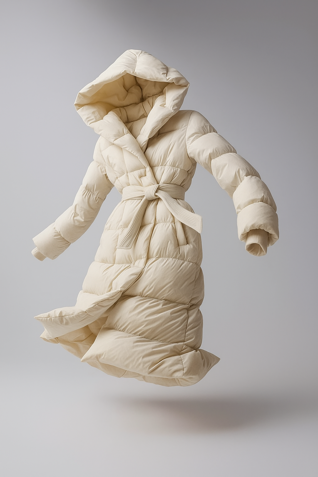 Ella long belted puffer jacket for women by Christine Brewer, warm winter jacket with belt and quilted design, black color.