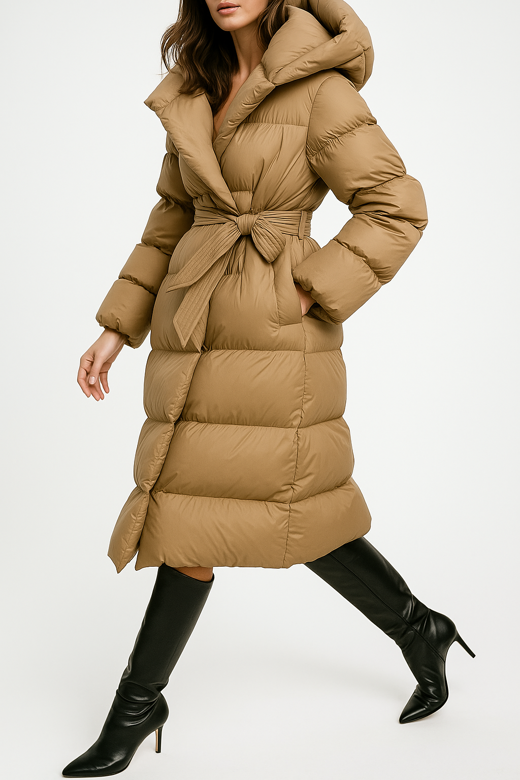Elegant Ella long belted puffer jacket for women by Christine Brewer, shown in a stylish, insulated design with a belted waist.