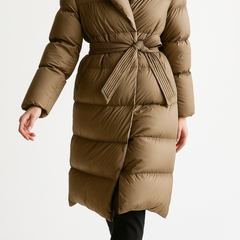 Ella long belted puffer jacket for women by Christine Brewer, stylish quilted winter coat with belt and hood.