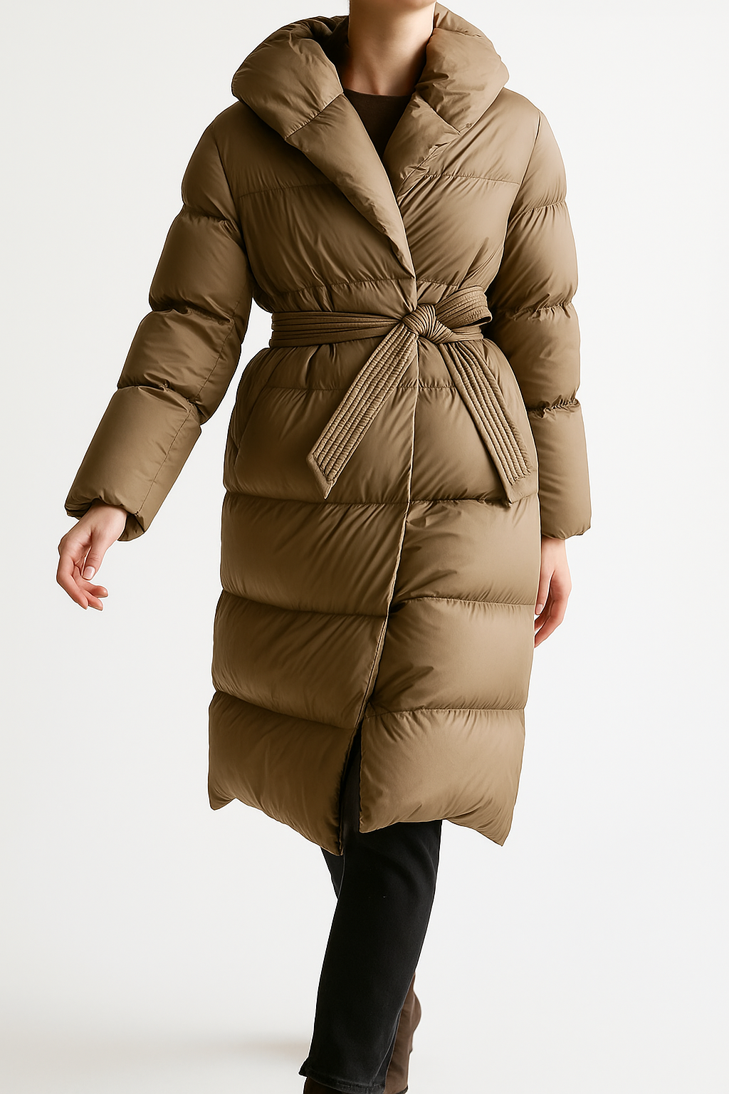 Ella long belted puffer jacket for women by Christine Brewer, stylish quilted winter coat with belt and hood.