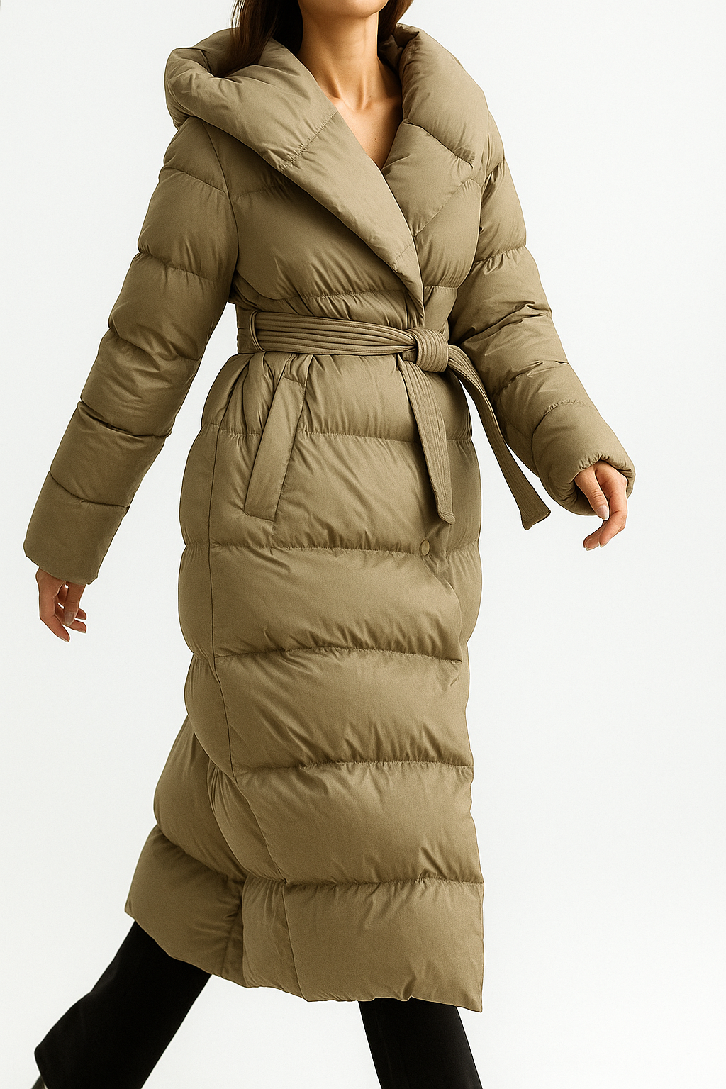 Elegant long belted puffer jacket for women by Christine Brewer, featuring a sleek design and warm quilted exterior.
