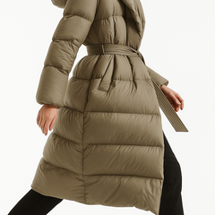 Ella long belted puffer jacket for women by Christine Brewer, stylish insulated coat with a belt and sleek design.