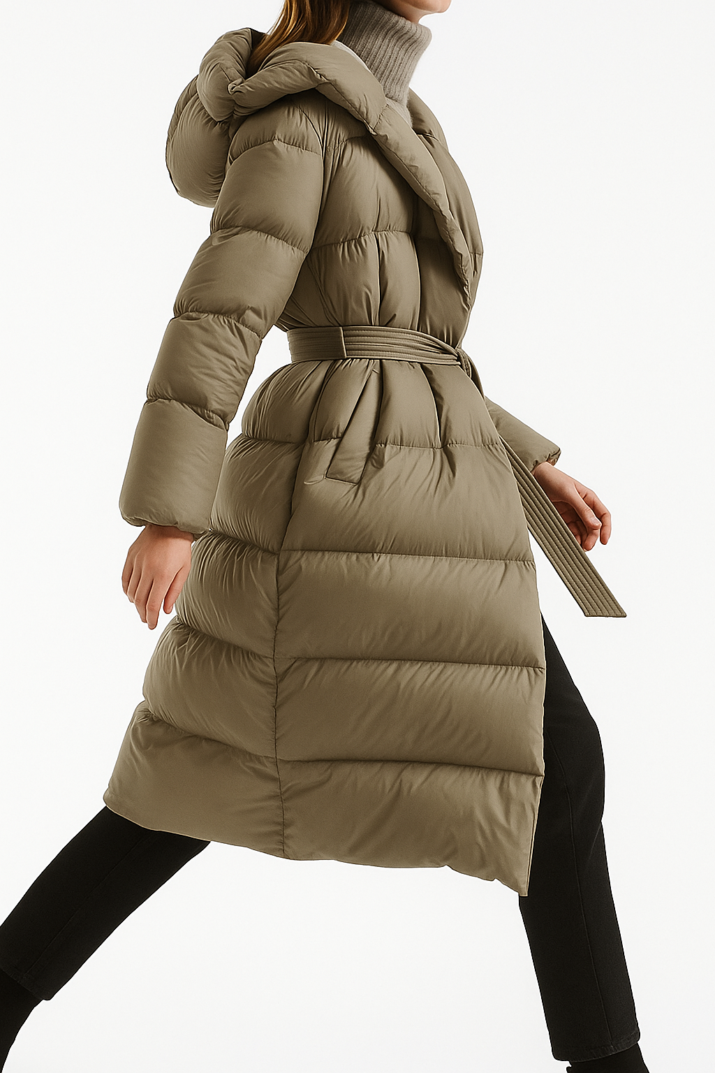 Ella long belted puffer jacket for women by Christine Brewer, stylish insulated coat with a belt and sleek design.