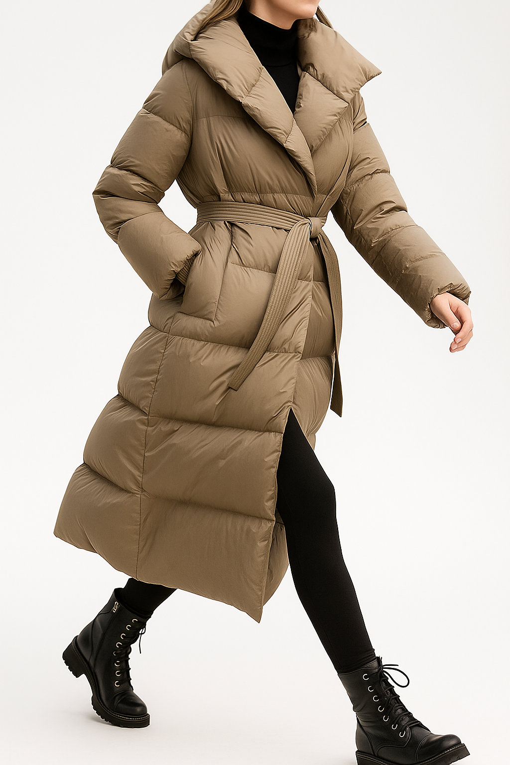 Ella long belted puffer jacket for women by Christine Brewer, featuring quilted design and a stylish belt for a chic winter look.