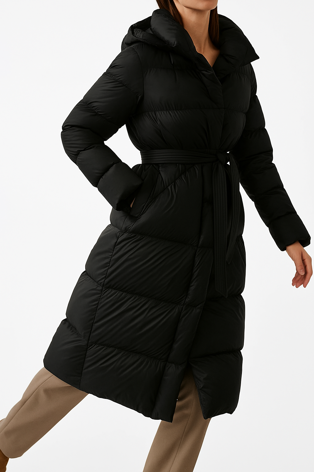 Black Ella long belted puffer jacket for women by Christine Brewer, featuring a quilted design and adjustable belt.