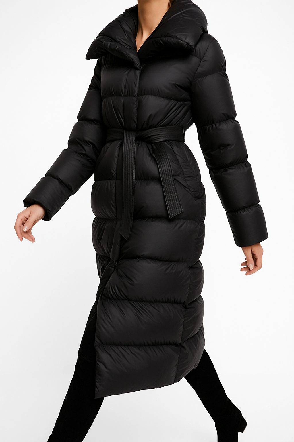 Black Ella long belted puffer jacket for women by Christine Brewer, shown with a front view and belt detail.
