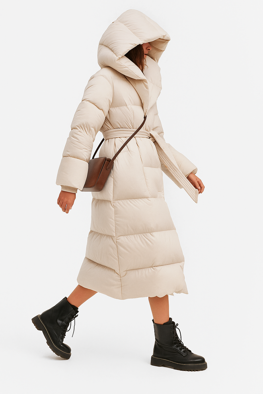 Ella long belted puffer jacket for women by Christine Brewer, stylish quilted winter coat with belt and hood.
