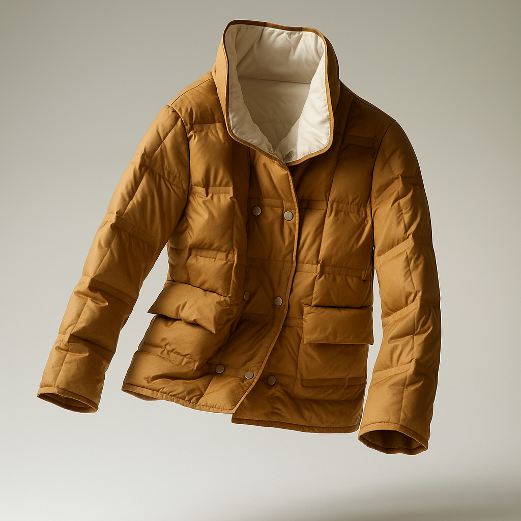Sophia quilted puffer jacket for women by Christine Brewer, featuring a stylish, padded design in a serene floating style.
