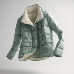 Sophia quilted puffer jacket for women by Christine Brewer, showcasing a stylish, insulated design in a floating elegance style.