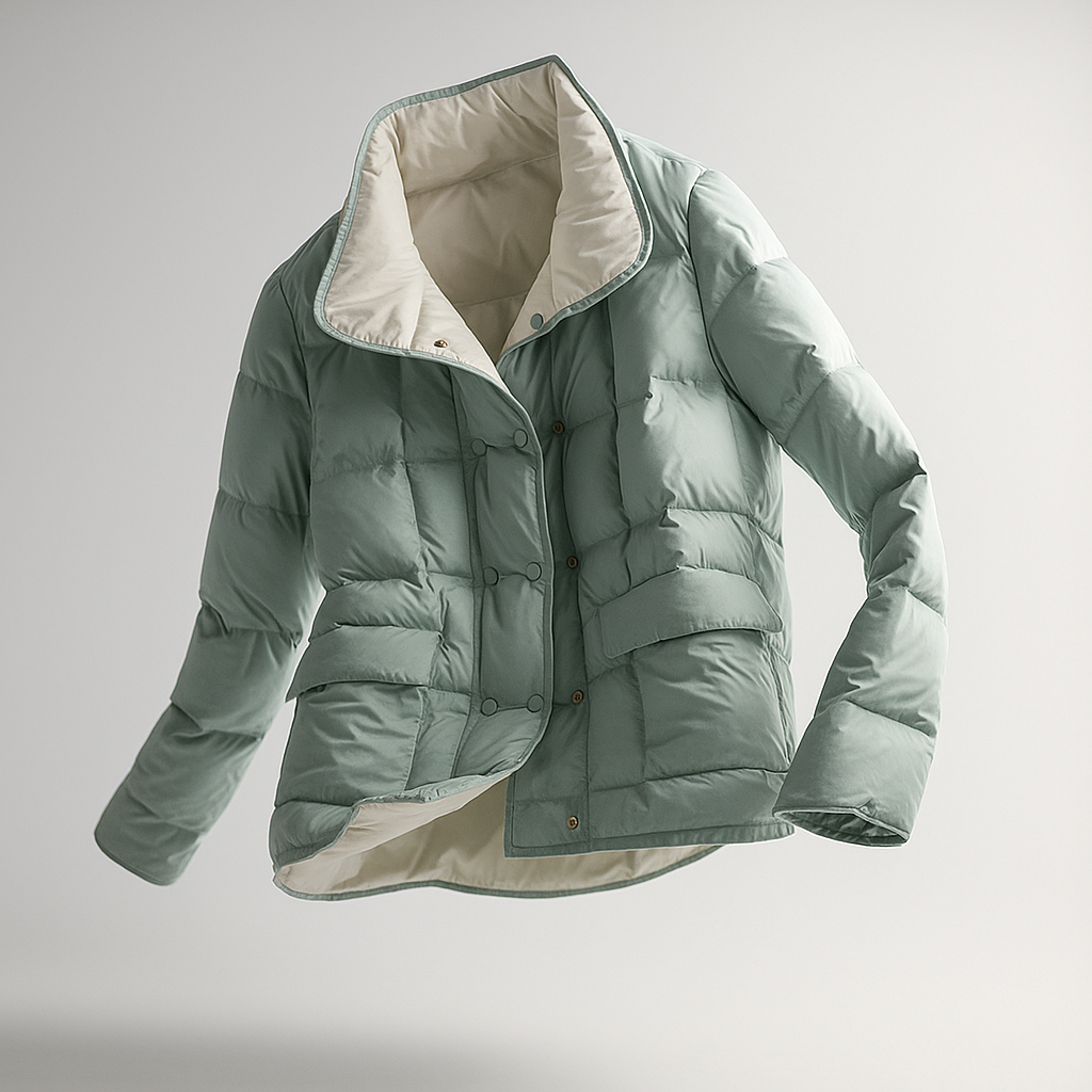 Sophia quilted puffer jacket for women by Christine Brewer, showcasing a stylish, insulated design in a floating elegance style.