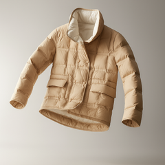 Sophia quilted puffer jacket for women by Christine Brewer, displayed on a mannequin with a high collar and shiny quilted fabric.