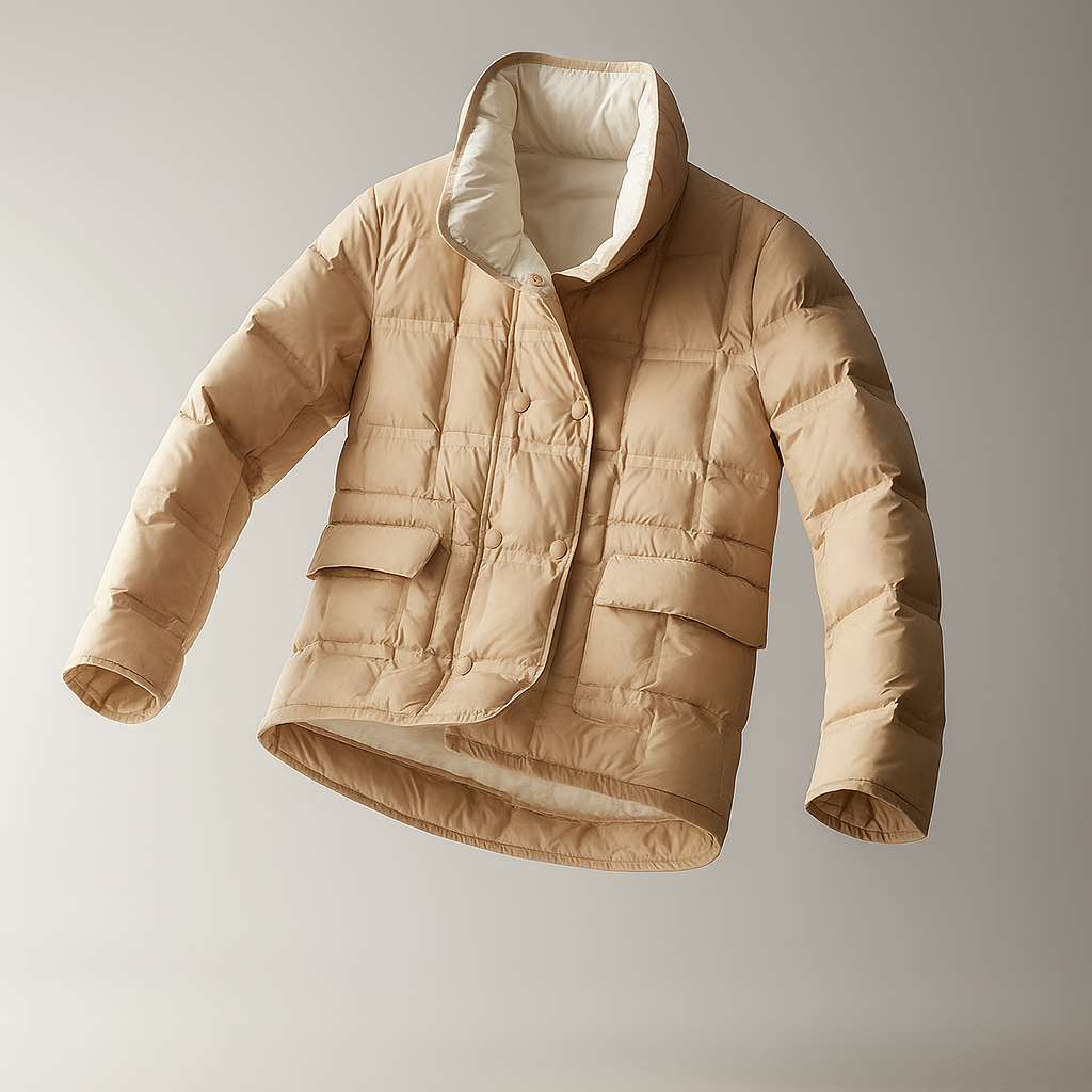 Sophia quilted puffer jacket for women by Christine Brewer, displayed on a mannequin with a high collar and shiny quilted fabric.