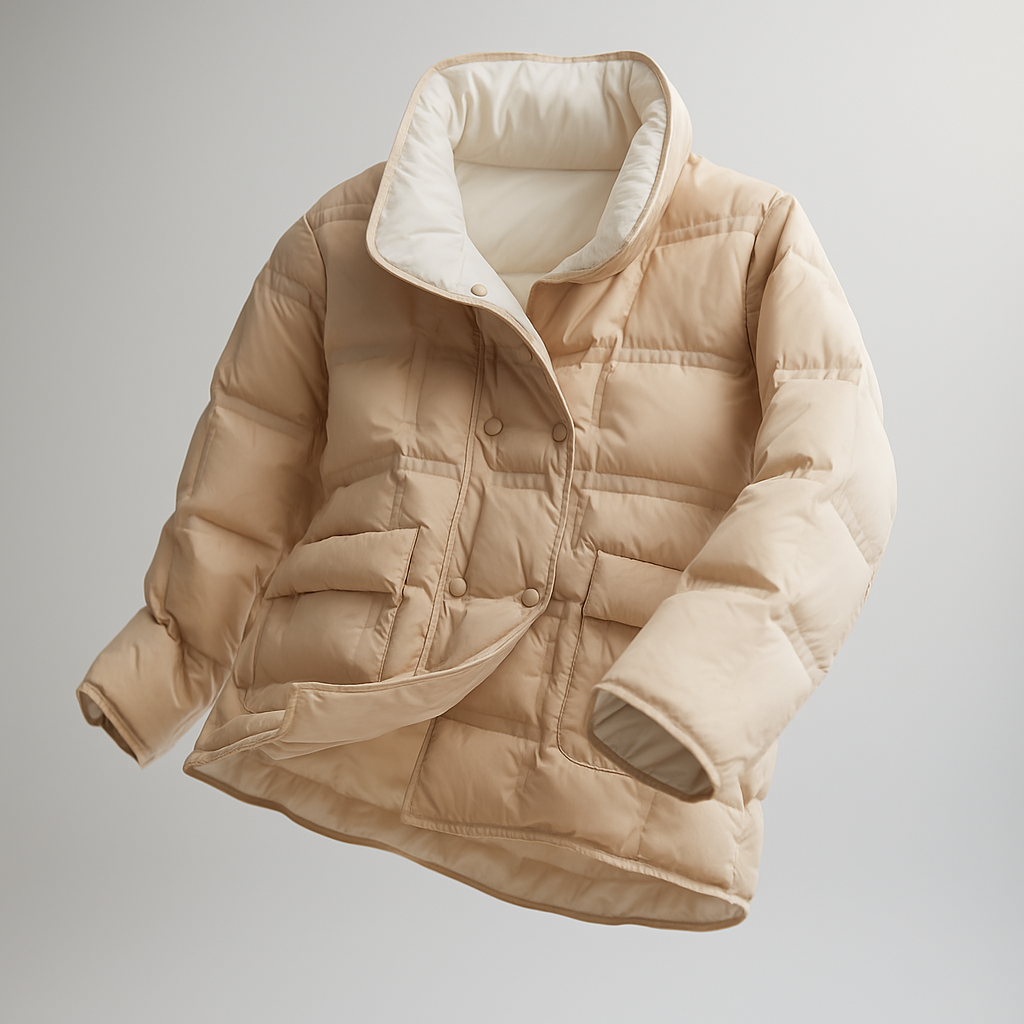 Sophia quilted puffer jacket for women by Christine Brewer, displayed on a mannequin with a stand, in a modern retail setting