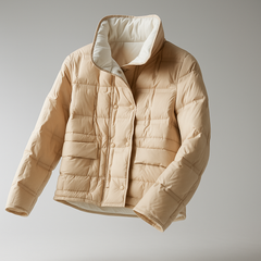 Sophia quilted puffer jacket for women by Christine Brewer, displayed on a mannequin with a high collar and shiny quilting.