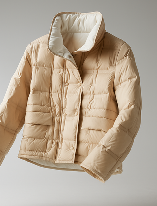 Sophia quilted puffer jacket for women by Christine Brewer, displayed on a mannequin with a high collar and shiny quilting.