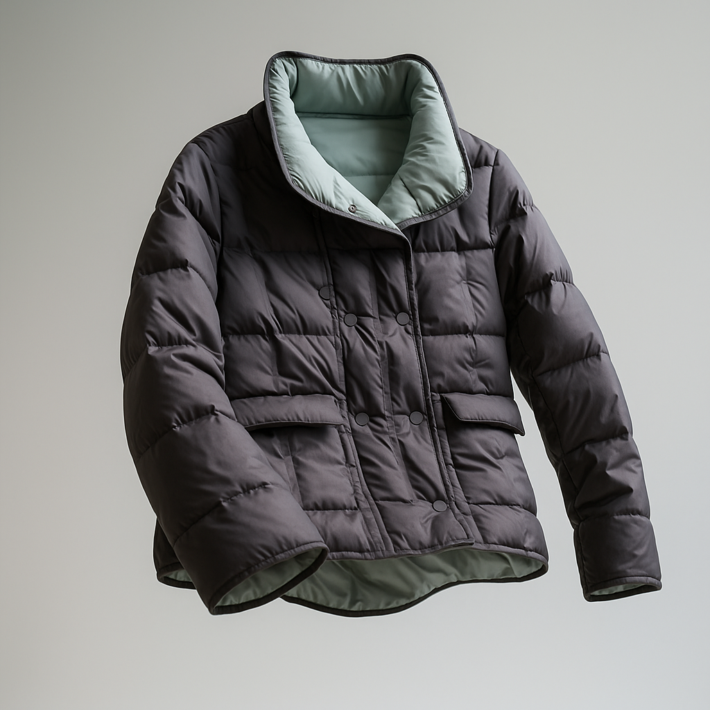 Sophia quilted puffer jacket for women by Christine Brewer, shown in a stylish, padded design with a high collar and side pockets.