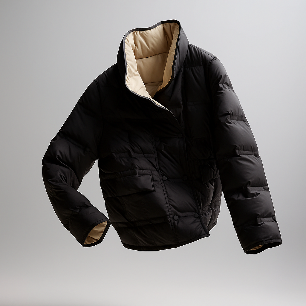 Sophia quilted puffer jacket for women by Christine Brewer, shown in a stylish floating jacket design with elegant quilting.