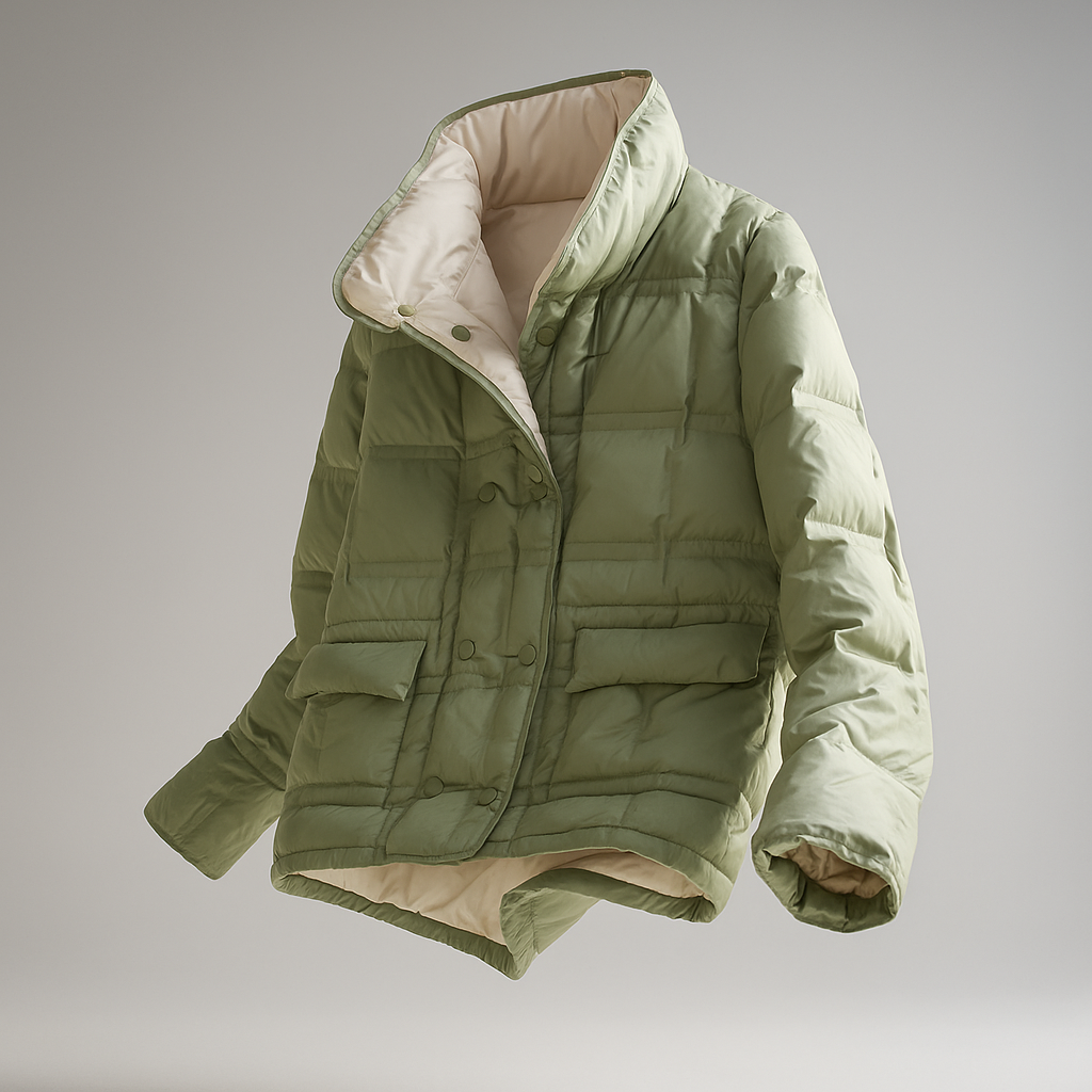 Sophia quilted puffer jacket for women by Christine Brewer, shown floating gracefully, with a stylish quilted design and warm padding.