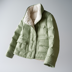 Sophia quilted puffer jacket for women by Christine Brewer, shown hanging on a hanger with a puffy, quilted design and neutral color.