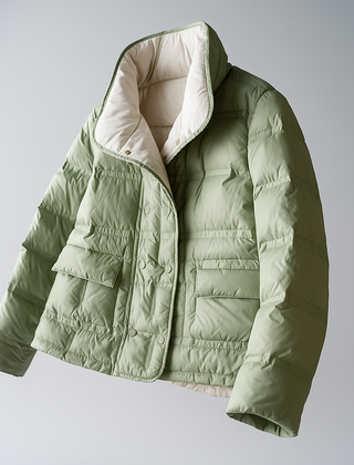 Sophia quilted puffer jacket for women by Christine Brewer, shown hanging on a hanger with a puffy, quilted design and neutral color.
