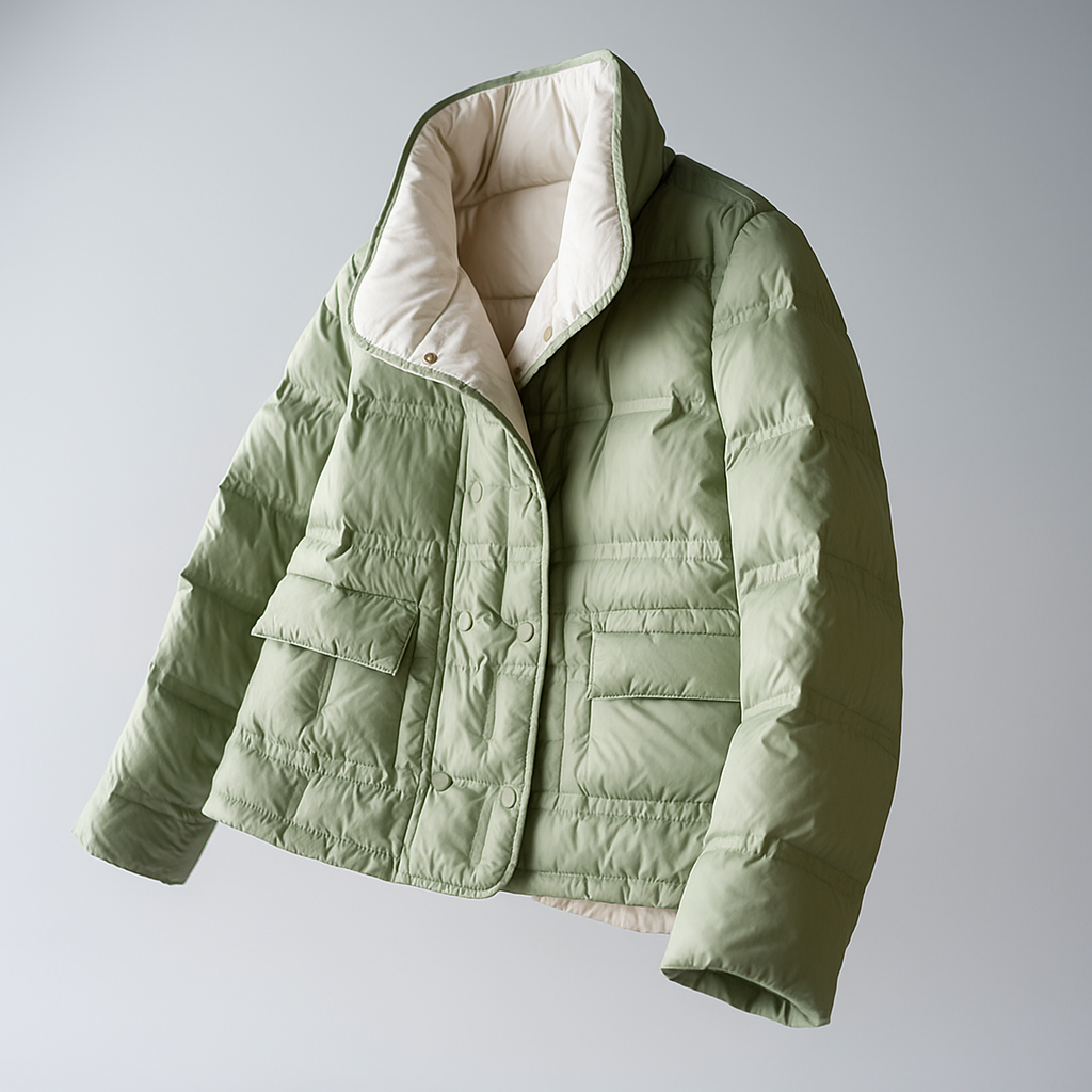 Sophia quilted puffer jacket for women by Christine Brewer, shown hanging on a hanger with a puffy, quilted design and neutral color.