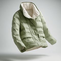 Sophia quilted puffer jacket for women by Christine Brewer, shown hanging with a smooth, shiny exterior and quilted design.