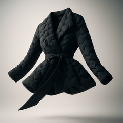 Black quilted puffer jacket for women by Chloe, belted design with a stylish floating appearance and warm insulated fabric.
