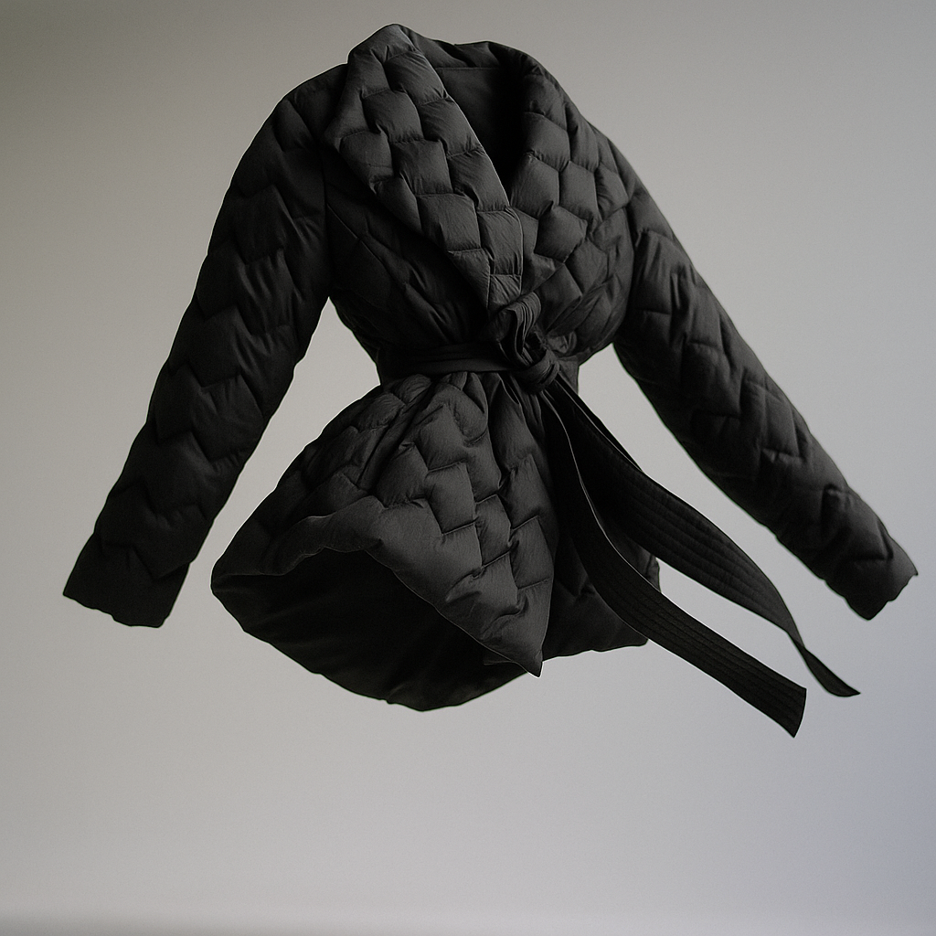 Black belted quilted puffer jacket for women by Christine Brewer, featuring a stylish quilted design and adjustable belt.