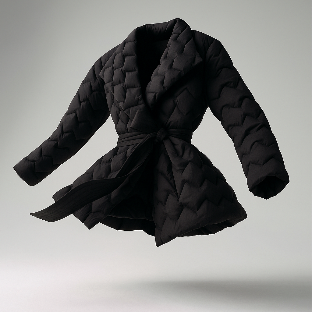 Black belted quilted puffer jacket for women by Chloe, layered with a belt, featuring a stylish quilted design.