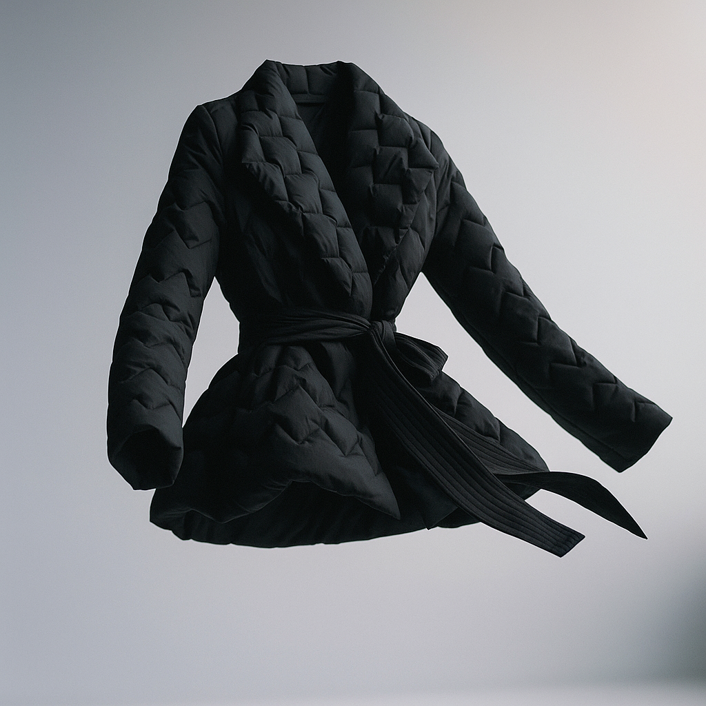 Black belted quilted puffer jacket for women by Christine Brewer, featuring a stylish quilted design and belt at the waist.