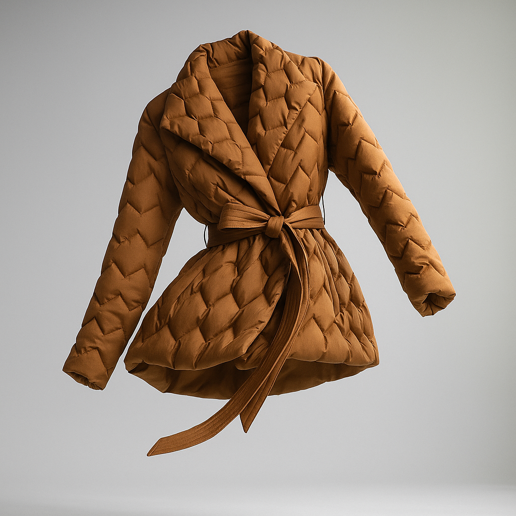 Christine Brewer Chloe belted quilted puffer jacket for women, featuring a stylish, insulated design with a belt and quilted pattern.