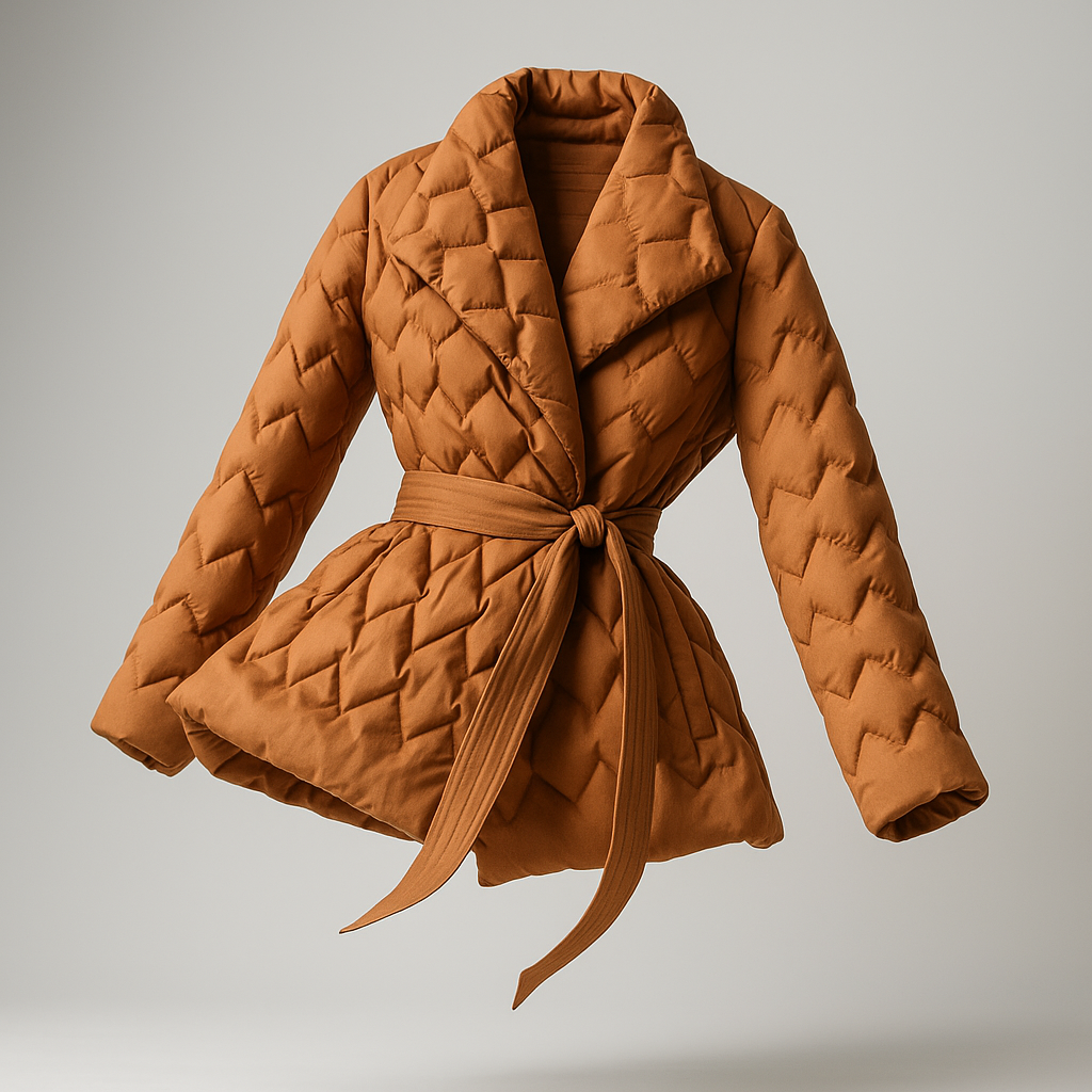 Christine Brewer Chloe belted quilted puffer jacket for women, showcasing a stylish, insulated design with a waist belt and quilted texture.