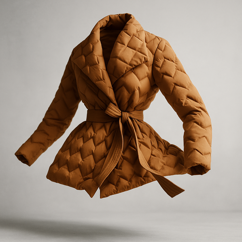 Christine Brewer Chloe belted quilted puffer jacket for women, shown in a stylish, insulated design with a waist belt and quilted pattern.