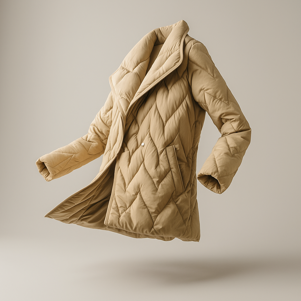 Beige Chloe belted quilted puffer jacket for women by Christine Brewer, featuring a stylish quilted design and warm, padded comfort.