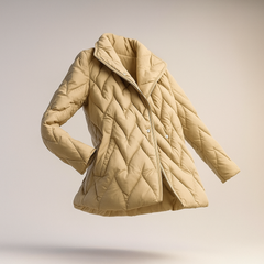 Christine Brewer Chloe belted quilted puffer jacket for women in floating beige, featuring a cozy quilted design and waist belt.